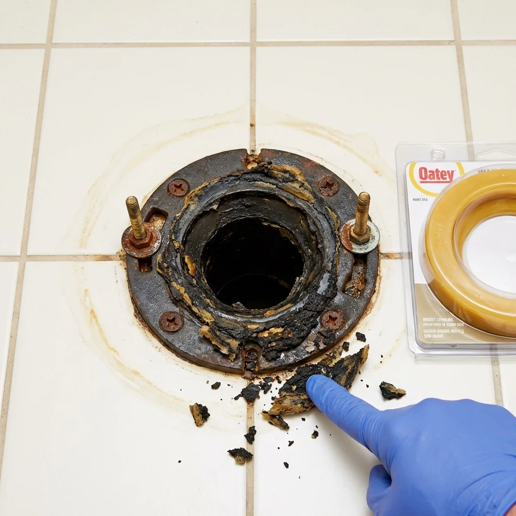Failed wax ring showing water seepage at the base of a toilet in a Luverne, MN home