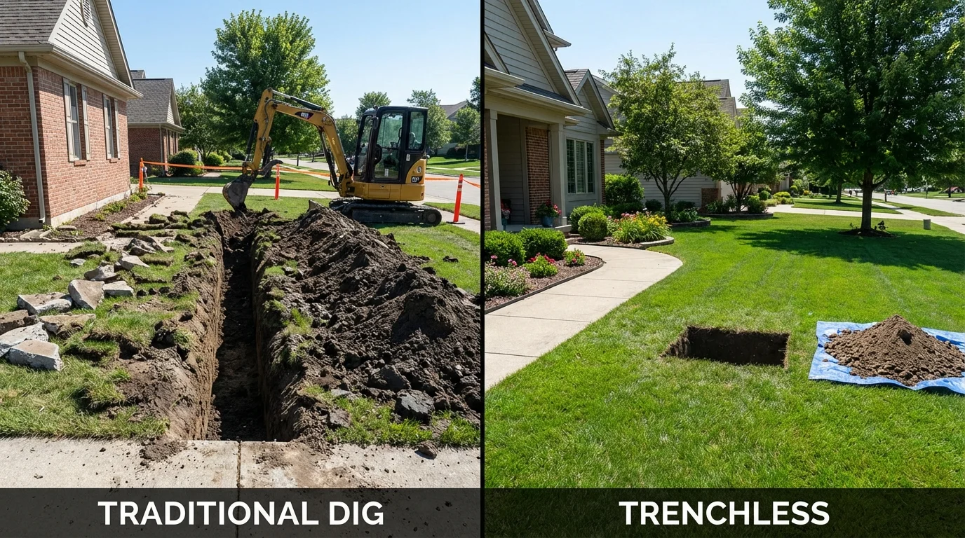 Trenchless sewer repair with minimal yard damage versus traditional excavation in Luverne, MN