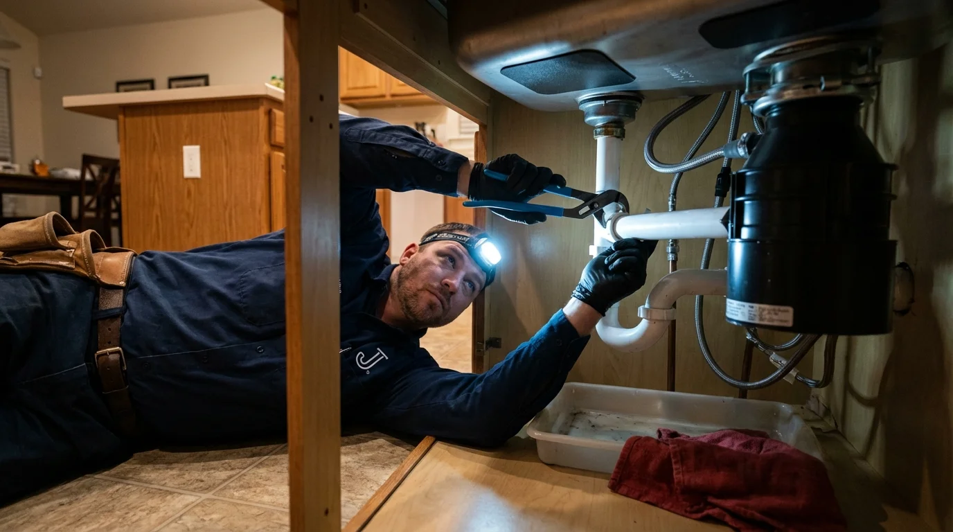 P-trap and supply line connections under a kitchen sink showing a common leak point in Luverne, MN